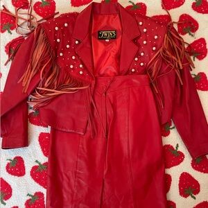 Vintage red leather skirt and jacket set from twins leather in size medium